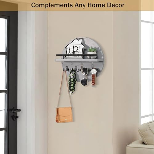 Key Holder for Wall Decorative with Shelf and Hooks, Unique Mail Organizer Wall Mount with Sunglasses Holder, Cute Circular Design Entryway Key Rack Hanger, Rustic Home Decor Boho Wall Decor (grey) - color: Gray