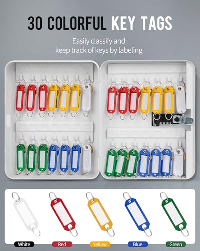 Uniclife 28-Key Steel Key Cabinet with Combination Lock Wall Mounted Key Organizer with Resettable Code White Digital Security Box with Hooks and Large Key Tag Labels Identifiers in 5 Assorted Colors - color: White, size: 28 Keys