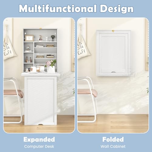 Tangkula Foldable Wall Mounted Desk, Floating Table with Storage Shelves & Hooks, Space-Saving Fold-Up Murphy Desk for Small Spaces, Home Office, Dorm Room - color: White
