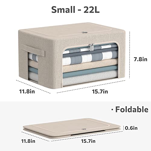 CYhom 3Pack Foldable Storage Bins - Frame Storage Box Linen Fabric Stackable Clothes Container Organizer with Clear Window & Carry Handles Large Capacity (Small-22L, Beige) - color: Beige, size: Small-22L
