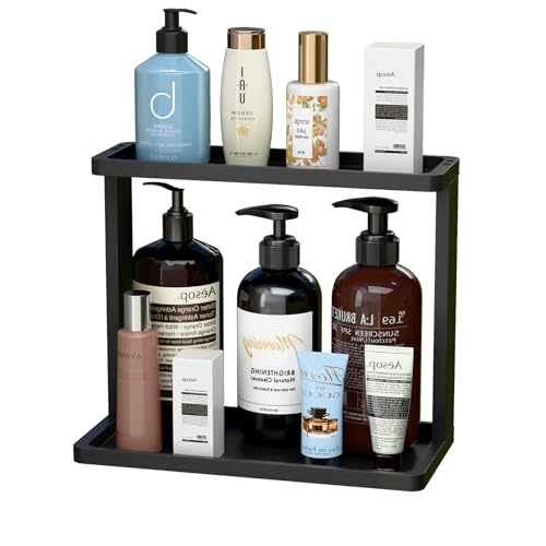 PEKER Bamboo Bathroom Organizer Countertop – Small Vanity Storage Shelf for Makeup, Perfume, Skincare – Natural Cosmetics Display Rack for Dresser, Sink, Kitchen –Black - color: Black Bamboo