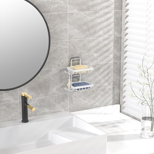 Moforoco White Double Soap Bar Holder for Shower, No Drilling, 304 Rustproof Stainless Steel, Wall Mounted Soap Holder with 4 Hooks and Razor Holder, Shower Rack Soap Tray Bar Soap for Bathroom - color: White, size: 2-T