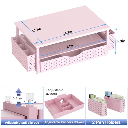 Spacrea Desk Organizer and Accessories, Computer Monitor Stand Riser with Drawer and 2 Pen Holders, Office Desk Accessories & Workspace Organizers for Office Supplies (Pink) - color: Pink