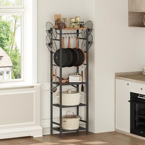 MAHANCRIS 4-Tier Pot Rack, Pots and Pans Organizer for Kitchen, Lid Organizer Rack with U-Shaped Lid Holders, Kitchen Storage Shelf for Standing Cookware, Rustic Brown and Black POHR3001 - color: Rustic Brown and Black