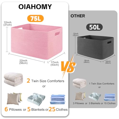 OIAHOMY 75L Blanket Basket, Woven Cotton Rope Basket for Organizing 22”x17”x12”, Used for Living Room, Bedroom, Nursery, Pink - color: Pink, size: 22”x17”x12”