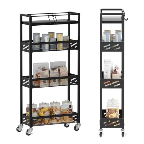 DGSNADGO Slim Rolling Storage Cart, 4-Tier Kitchen Cart on Wheels, Narrow Utility Cart with Handle and Wooden Tabletop for Small Space in Kitchen, Living Room, Bathroom, Laundry Room, Beige (Black) - color: Black