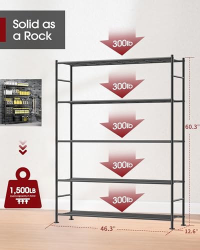 Sakugi Storage Shelves - 5 Tier Shelf Organizer, Heavy Duty Garage Shelving Unit with Leveling Feet, Stable Metal Shelves Organizer for Pantry, Kitchen and Closet, 46.3" W x 12.6" D x 60.3" H, Black - color: Black, size: 46.3W×12.6D×60.3H(5T)