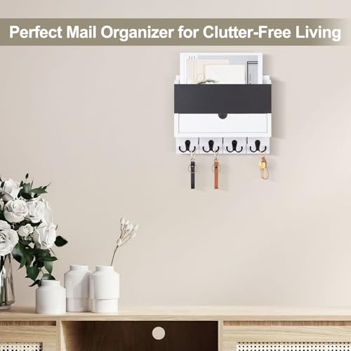 Mail and Key Holder Wall Mount with Storage Drawer – Modern Wooden Mail Organizer for Wall Entryway, 7 Key Hooks & Chalkboard Panel – Stylish Home Decor for Apartments, Living Room, Office - color: White