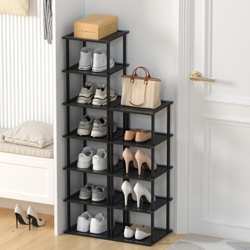 MHXW SXPN Bamboo Free Standing Shoe Rack Shelf Multi Tier Tall Wooden Stackable Shoes Rack Organizer for Closet Front Door Entrance Narrow Vertical Shoe Storage (Black, 12 Tiers) - color: Black, size: 12 Tiers