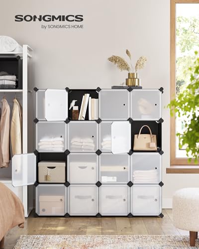 SONGMICS Cube Storage Organizer, Set of 16 Plastic Cubes, Closet Storage Shelves, DIY Plastic Closet Cabinet, Modular Bookcase, Shelving with Doors for Bedroom, Living Room, Black and White ULPC44HS - color: Black, size: 16 Cubes, style: with doors