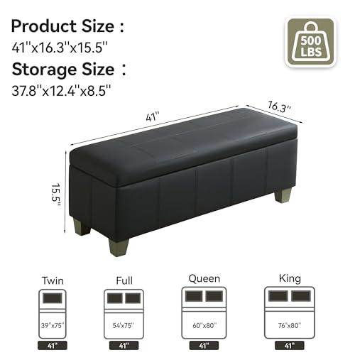 WUTUTUEE 41" Faux Leather Storage Ottoman, Stitch Tufted Rectangle Upholstered End of Bed Storage Bench, Entryway Large Couch Ottoman with Wooden Legs, Dark Black - color: Dark Black, size: 41 Inch