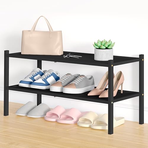 Smiry Bamboo Shoe Rack, 2 Tier Shoe Organizer for Entryway & Closet, Stackable Free Standing Storage Shelf for Shoes, Bags & Plants, Black - color: Black, size: 2 Tier-Regular