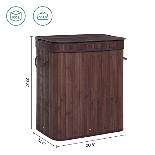 SONGMICS Laundry Hamper with Lid, Bamboo Launry Basket with Handles, Foldable Storage Basket for Laundry Room, Bedroom, 100L, Brown ULCB063K02 - color: Chestnut Brown, size: 100 L