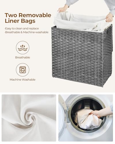 Greenstell Laundry Hamper with Lid, 125L Laundry Basket with 2 Removable Liner Bags & 2 Mesh Bags, Handwoven Synthetic Rattan Clothes Hamper for Clothes, Toys in Bathroom, Bedroom, Foldable, Grey - color: Gray, size: 125L (25.6 x 13.0 x 23.6 inches)