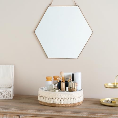 Mkono Makeup Perfume Holder Organizer Macrame Decorative Woven Rope Basket Boho Decor Cosmetics Desk Storage Baskets for Dresser Skin Care Lotions Essential Oils Dorm Room Essentials,Yellow and White - color: Yellow and White