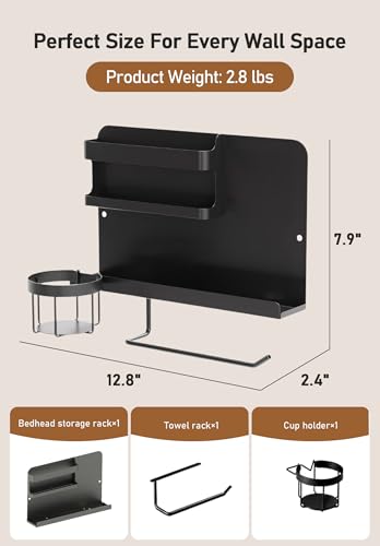 Bedside Wall Organizer Metal Shelf with Cup & Tissue Holder – Waterproof Wall Storage Rack for Dorm Room, Bathroom, Kitchen, and Office (Black) - color: Black