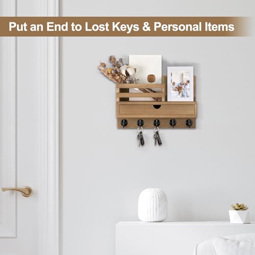 Key Holder Wall Mount, Mail Holder with Storage Drawer and 5 Key Hooks for Coat, Dog Leash, Home Decor Rack, House Accessories, Entry Way Organizer (Light Brown) - color: Light Brown, size: Standard - 11.8 Inch
