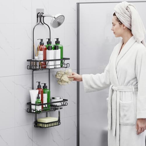 DAOYA Shower Caddy Hanging, Anti-Swing Over Head Shower Caddy, Rustproof Bathroom Organizer with Soap Holder & Hooks - color: Black, size: L