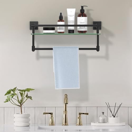Glass Shelf for Bathroom 16 Inch Bathroom Shelves with Towel Bar, Tempered Glass Shelves with Stainless Steel Towel Holder for Wall Shelf Sink Over Toilet (Matte Black) - color: Matte Black, size: 16-inch with Railing
