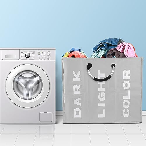 94L Foldable Laundry Basket with Handle Divided Laundry Hamper 3 Sections for Dirty Clothes 3 Compartment Collapsible Sorted Bag for School Dorm Bedroom Bathroom Closet Apartment (Light gray)