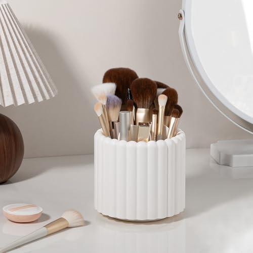 Anyoifax 360° Rotating Pen Holder 7 Slots Desk Organizer Removable Pencil Cup Plastic Art Supplies and Accessories Desktop Storage Box Caddy for Office, School, Home (White) - style: Stripe White