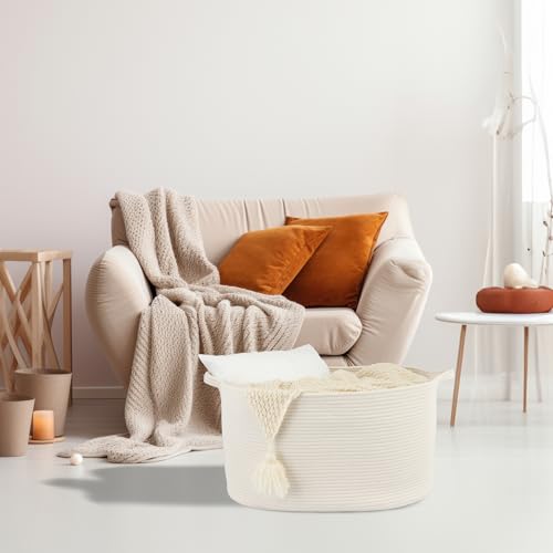 XUANGUO Large Rectangle Blankets Basket Living Room 22"x17"x12" Woven Cotton Rope Storage Baskets for Nursery Toy Baskets for Kids and Dogs Wicker Laundry Basket Bin for Clothes Towels white - color: white