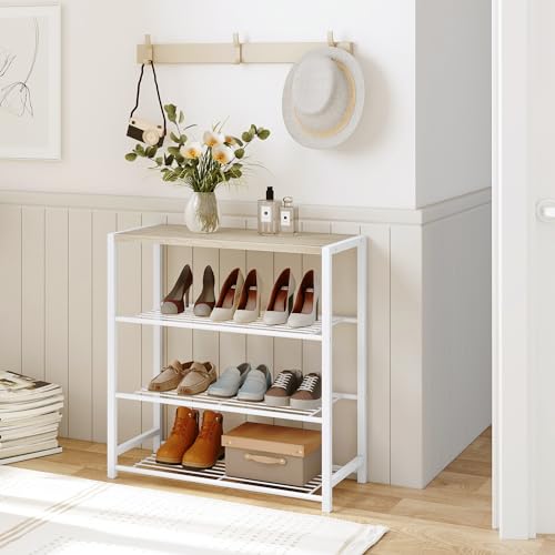 Yusong Shoe Rack Organizer, 4 Tier Industrial Shoe Storage Shelf for Closet Entryway, Narrow Sturdy Metal Shoe Shelves, White - color: White, size: 4 Tier