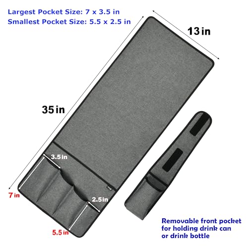 Sofa Armrest Organizer Couch Remote Holder, Sofa Caddy Bedside Organizer Recliner Armchair Accessory for iPad Tablet Phone Magazines in Home Bedroom Office Hotel, 5 Pockets with Font Side Drink Holder
