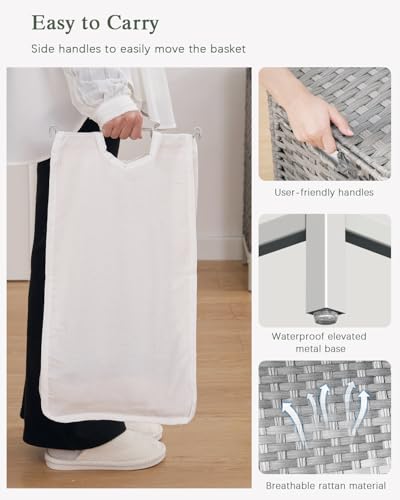 SETVSON Laundry Hamper with Lid 132 L, (35 Gallons) Clothes Hamper with Lid, Handwoven Rattan Laundry Hamper with Metal Heightened Feet, Laundry Hampers with 3 Removable Liner Bags for Laundry-Gray - color: Gray, size: 132 L - 35 gal