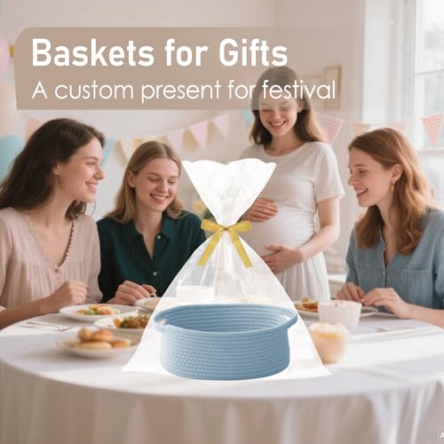 JMvicyroam Woven Basket,Small Rope Storage Bin with Handles & Ribbon Bag, Organizer for Shelves Closets,Gift Basket Empty for Birthday,Books,Dog Toys, Blue - color: Blue, size: 1 Pack