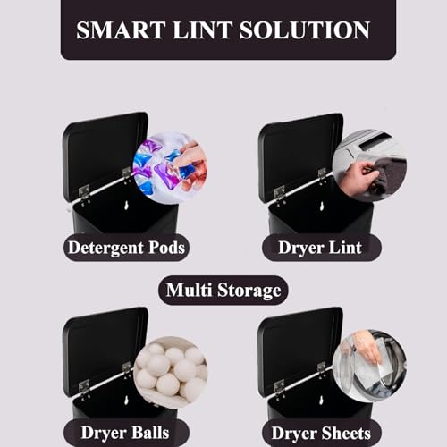 Magnetic Lint Bin with Lint Brush, two white hooks, one black back hook & all accessories for Laundry Room decor, Wall-Mounted Lint Bin with Lid, Powder Coated, Space-Saving Trash Can (Black) - color: Black