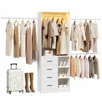 HOOBRO Closet System with 3 Extendable Rods, 9FT Closet Organizer with 4 Drawers, LED Light Strip, Built in Closet Organizer System, Adjustable Cloth Garment Rack from 6 to 9FT for Cloakroom, White