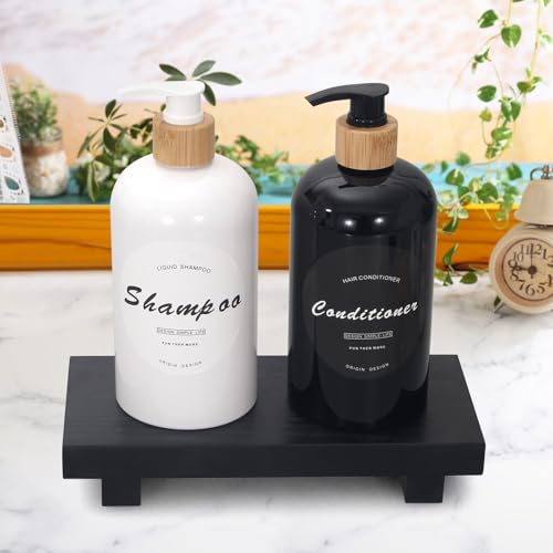 Black Bathroom Vanity Organizer Tray for Countertop Small Wooden Pedestal Stand Farmhouse Kitchen Sink Tray Decorative Hand Soap Dish Dispenser Holder Wood Risers Modern Bathroom Decor Accessories - color: Black, size: 8.6" x 4" x 1.6"