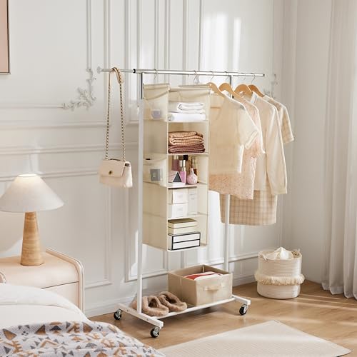 MAX Houser 5 Shelf Hanging Closet Organizer, Space Saver, Cloth Hanging Shelves with 4 Side Pockets, Foldable, Beige - color: Beige-6