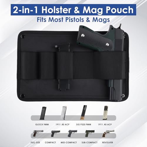 Gun Safe Door Organizer with Strong Adhesive Hook &Loop and Magnet Tape Two Way Mount, Elastic Gun Safe Pistol &Mag Holder for Most Pistols, for Indoor Storage - size: 2 Pack, style: 2 Pouch 1 Elastic Holster
