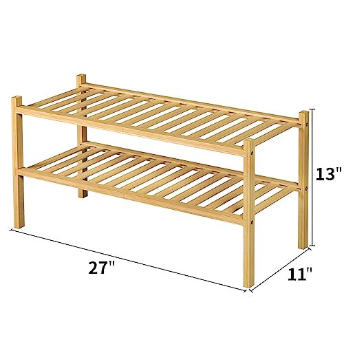 ROMGUAR CRAFT 2 Tier Bamboo Shoe Rack for Closet Free Standing Wood Shoe Shelf for Entryway Small Space Stackable 27"x11"x13" (Natural) - color: Natural, size: 2 Tier