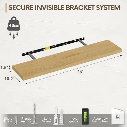 Vivelove 10" Deep Floating Shelves with Invisible Brackets, 36" Wall Shelves for Bathroom Bedroom Kitchen Living Room Laundry Room, Modern Rustic Shelves for Home Decor, 36"x10.2"x1.5", Set of 2, Oak - color: Oak, size: 35.4”Wx10.2”Dx1.5”H
