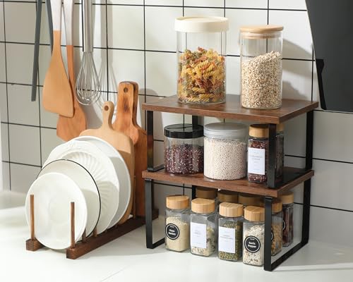 Marsui 4 Pcs Kitchen Organizer Accessories Set Cabinet Organizer Shelf and Bamboo Dish Drying Plate Rack Counter Shelves Storage Holder for Spice Rack, Dish, Pot Lid, Bowl, Cup(Deep Color) - color: Deep Color