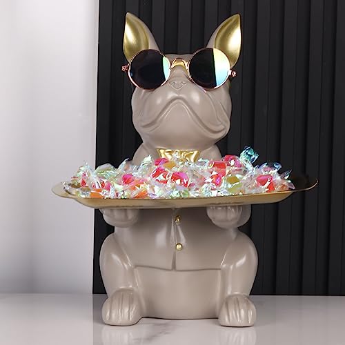 Modern Decor Resin Gray Bulldog Tray Statue Tray Storage Key Holder Candy Jewelry Earrings Tray Suitable for Home Decor Modern Art Dining Table Decor Office Small Object Tray (Gray) - color: Gray