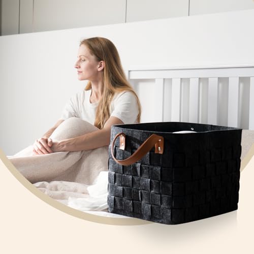 boldmonkey Laundry Basket 16.5 " x13 x13 , Large Rectangular Blanket Basket with Leather Handle, Felt Storage Basket for Living Room, Nursery, Dog Toys-Dark Gray - color: Dark Gray