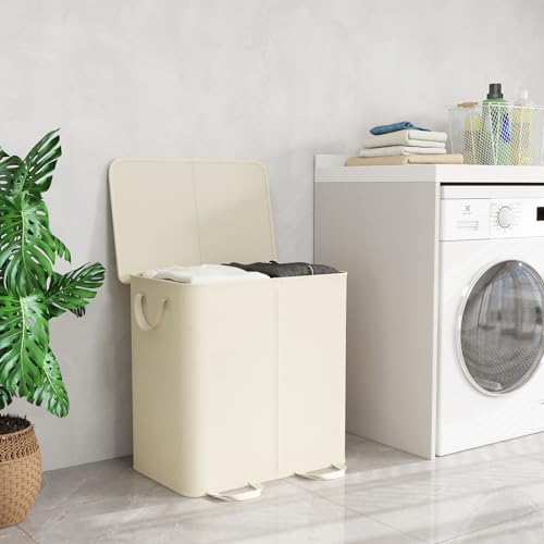 Lifewit Double Laundry Hamper with Lid and Removable Laundry Bags, Large Collapsible 2 Dividers Dirty Clothes Basket with Handles for Bedroom Laundry Room Closet Bathroom College, 136L Ivory White - color: Ivory White, size: 136L