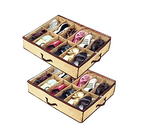 2PCS Ladies/Kids Storage Household Shoe Bag 12 Cells Underbed Foldable Closet Organizer Beige