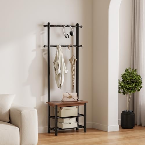 Coat Rack with Shoe Storage, Wood and Metal Frame, Entryway Hall Tree with Bench, Featuring 11 Hooks and 2-Tier Storage Shelves, 3-in-1, Entry Bench with Coat Rack (23.6" Walnut) - size: 60