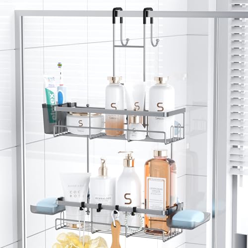 Aitatty Hanging Shower Caddy Over Door: Silver Rustproof Shower Organizer over the Door - No Drilling Bathroom Rack for Inside Shower - color: Silver