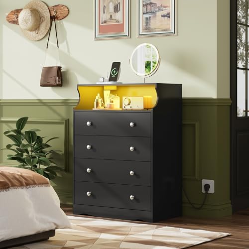 WLIVE Black LED Dresser for Bedroom, Tall Wood Dresser with 4 Drawers and Open Shelf, Chest of Drawers with Power Outlet for Living Room, Hallway, Closet - color: Black, size: 4 Drawers
