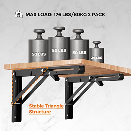 Ravinte 2 Pack 12 Inch Folding Shelf Brackets – Matte Black, Heavy Duty Collapsible Brackets for Tables and Benches – Space-Saving Design - size: 12 Inch