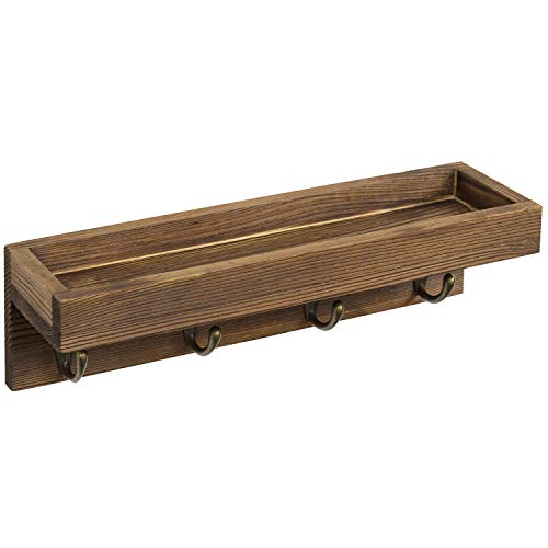 MyGift 10 Inch Floating Wall Shelf with Hooks, Dark Brown Wood Entryway Storage Shelf with 4 Metal Key Hooks - color: Dark Brown