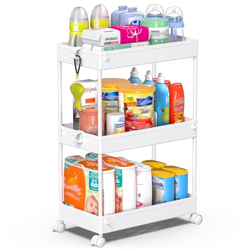 SPACEKEEPER Storage Rolling Cart, 3 Tier Laundry Room Organization Utility Cart Bathroom Organizer Mobile Shelving Unit Shelves Multi-Functional Trolley, White - color: White, size: 3 Tier