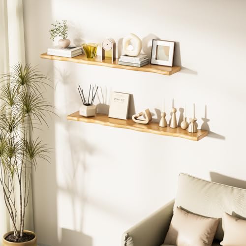 Floating Shelves for Wall Rustic Farmhouse 48 Inch Floating Shelf Bathroom Wooden Shelves for Wall Mounted Live Edge Pine Shelf with Unique Natural Grain for Living Room Bedroom Kitchen (Natural) - color: Natural, size: 48 inch - 1pc