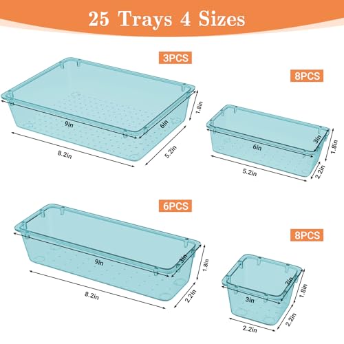 SpaceHacks 25 PCS Plastic Drawer Organizer Set, 4-Size Versatile Organizer Trays & Storage Bins for Makeup, Jewelry, and Gadgets in Bathroom, Bedroom and Office, Sea Blue - color: Sea Blue